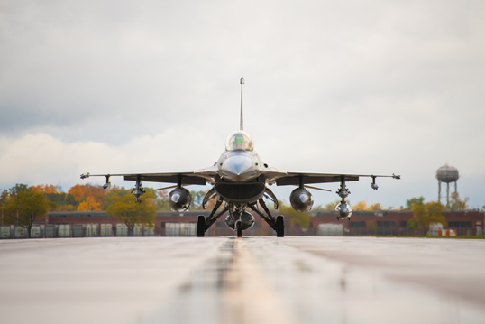 An F-16 Fighting Falcon aircraft assigned to the 122nd Fighter Wing taxis at the Fort Wayne Indiana Air National Guard Base in Fort Wayne, Indiana, Oct. 20, 2023. The aircraft was the first to arrive at the base since conversion began in April. (U.S. Air National Guard photo by Staff Sgt. David Sherman)
